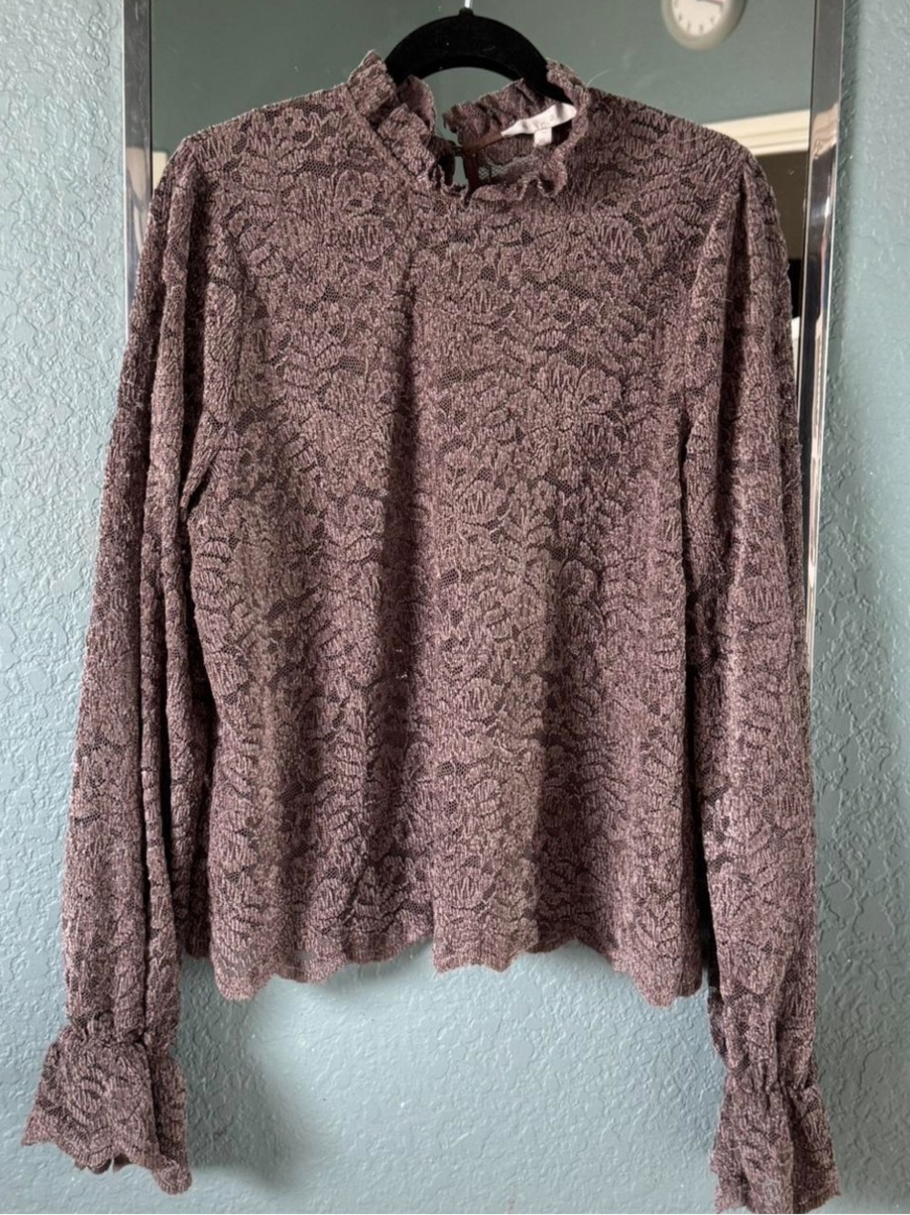 Anthropologie Whimsy Brown Lace Dusty Mauve Lace Ruffle Mock Neck Top Size XL